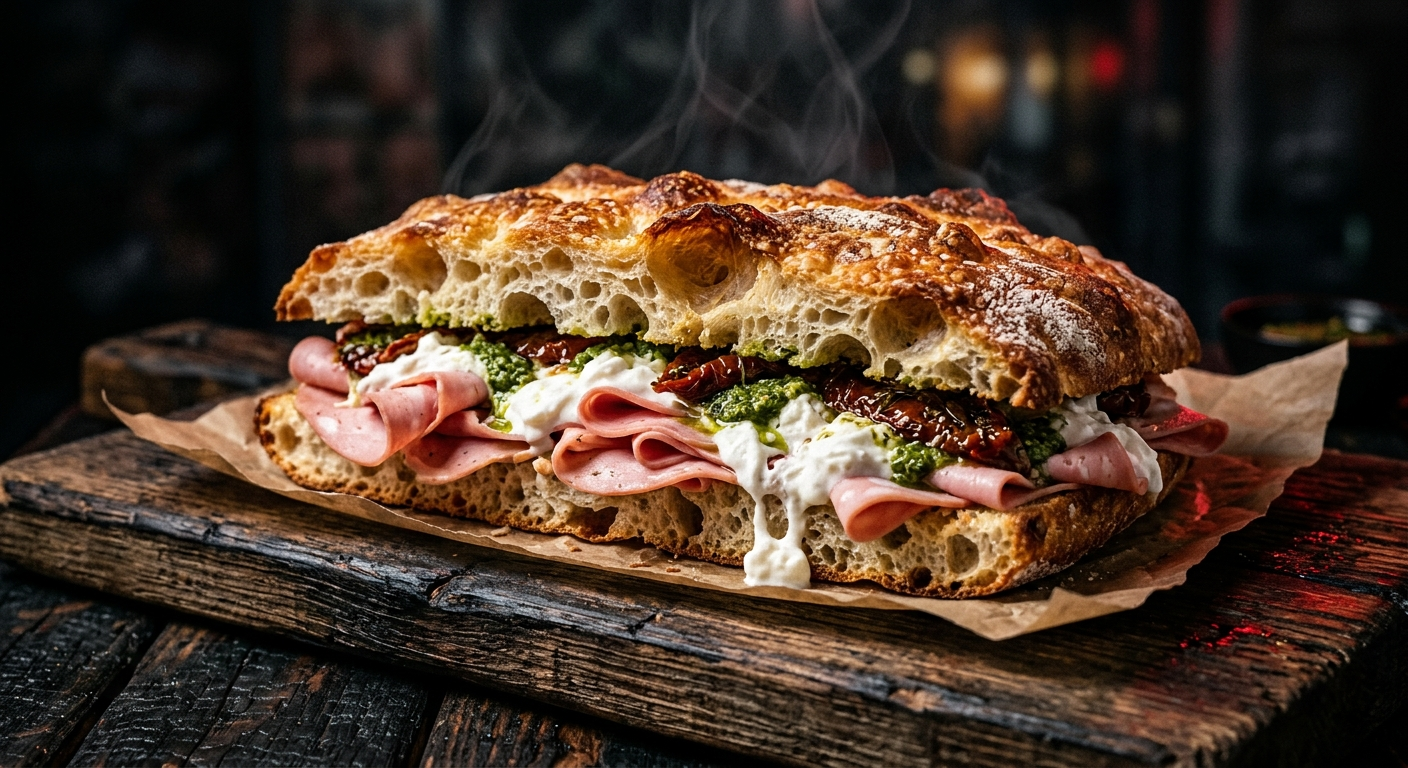 Steaming Baciata focaccia sandwich with mortadella, stracciatella, and pesto